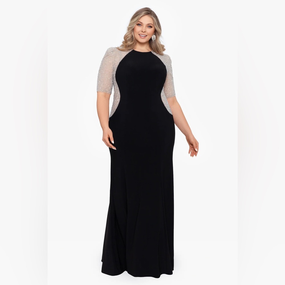 Xscape PLUS "ELISE" Short Sleeve Crew Neck Beaded Gown